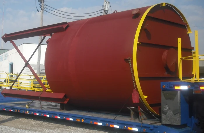Large horizontal tank staged on the shop floor prior to shipment
